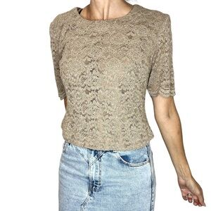 Vintage taupe brown lace short sleeve tailored blouse